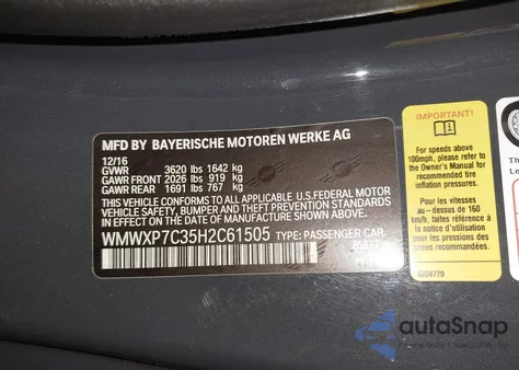 2017 Mini Hardtop Cooper S z USA, uszkodzony, nr VIN WMWXP7C35H2C61505